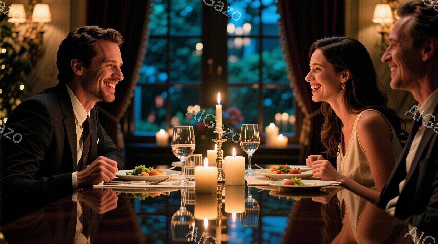 豪華なレストランで、男性と女性が向かい合って食事を楽しんでいます。男性は黒いスーツにネクタイ、女性は白いドレス姿で、二人とも微笑みを浮かべており、幸せそうな雰囲気が伝わってきます。テーブルにはキャンド - AI生成フリー素材