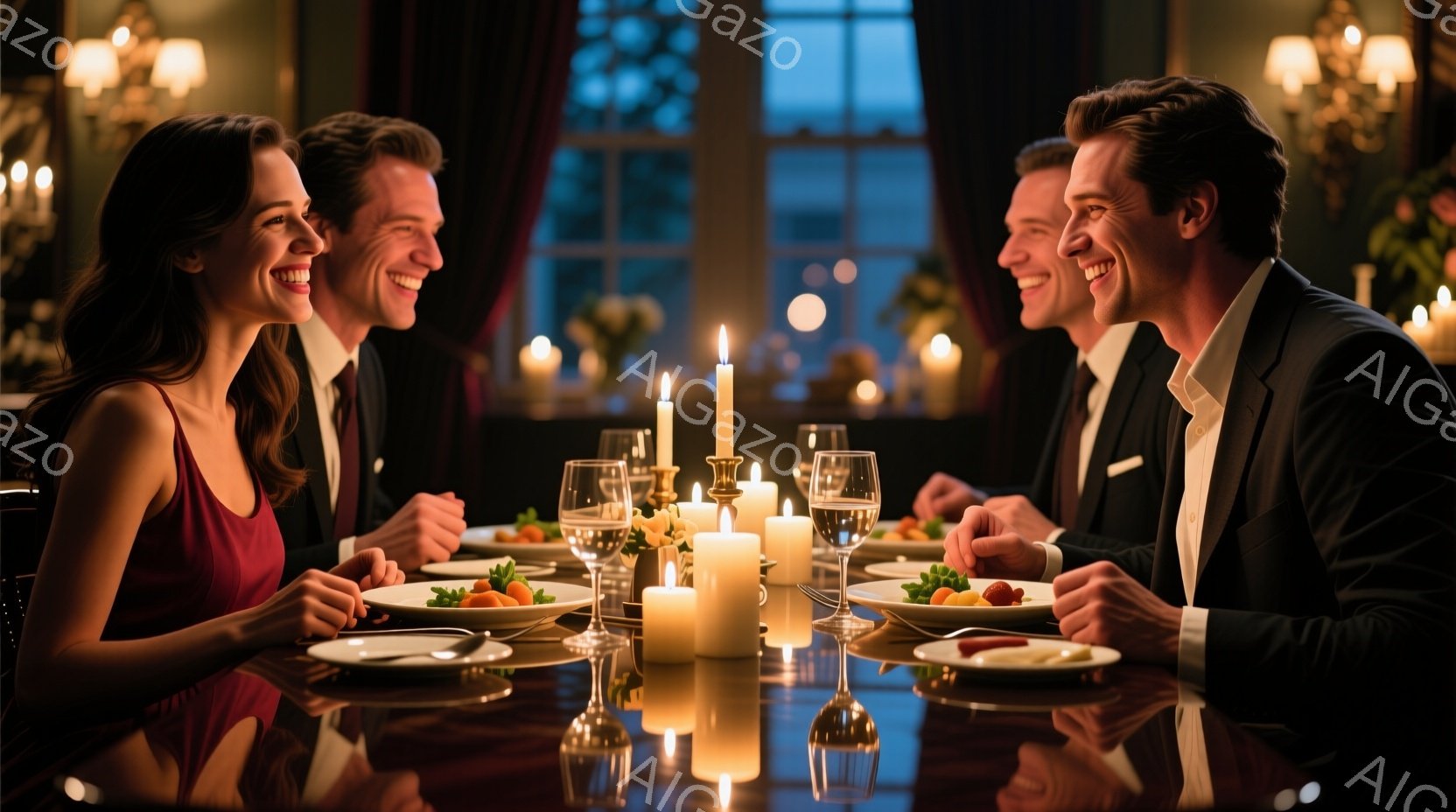 洗練されたレストランで、赤いドレスを着た女性と黒いタキシードを着た男性が向かい合って食事を楽しんでいます。二人は笑顔で目を合わせ、親密な雰囲気です。テーブルの上にはキャンドルや料理が並べられ、背景には - AI生成フリー素材