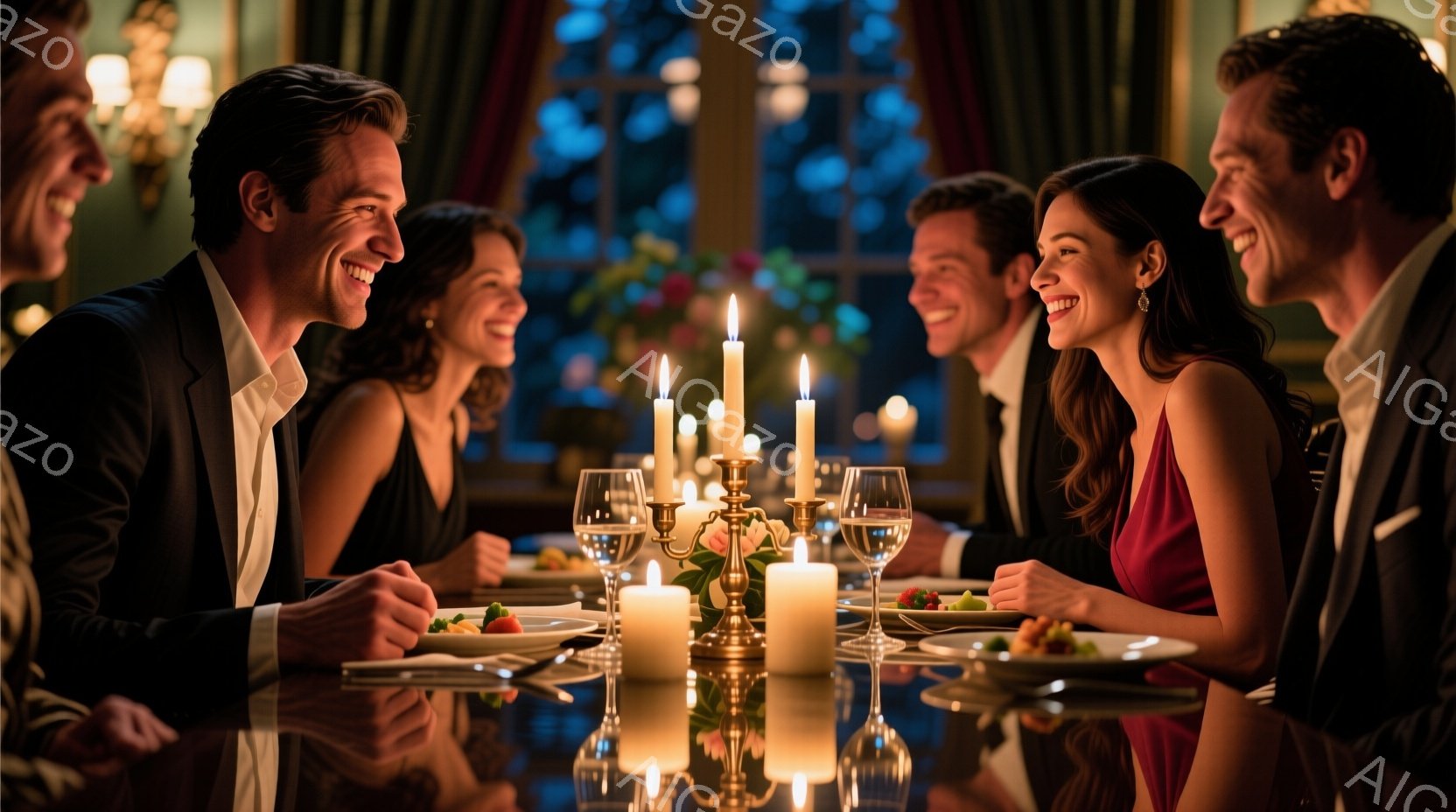 豪華なダイニングルームで、フォーマルな服装をした男女が楽しそうに食事をしている様子が描かれている。男性は黒いスーツと白いシャツ、女性は赤いドレスと長い巻き髪で、皆笑顔で会話を楽しんでいるようだ。背景にはぼやけた自然の風景が見え、テーブルにはキャンドルとグラスが置かれ、優雅で暖かな雰囲気を醸し出している。