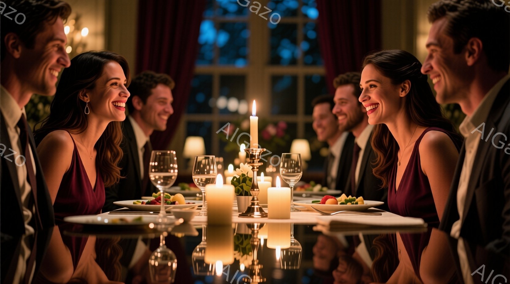豪華なダイニングルームで、男女が円卓を囲んで食事を楽しんでいる様子が写っている。女性は赤いドレスを身につけ、髪を後ろでまとめ、笑顔を見せている。男性たちはスーツとネクタイ姿で、テーブルの上にはキャンドルや料理が並び、暖かく親密な雰囲気が漂っている。