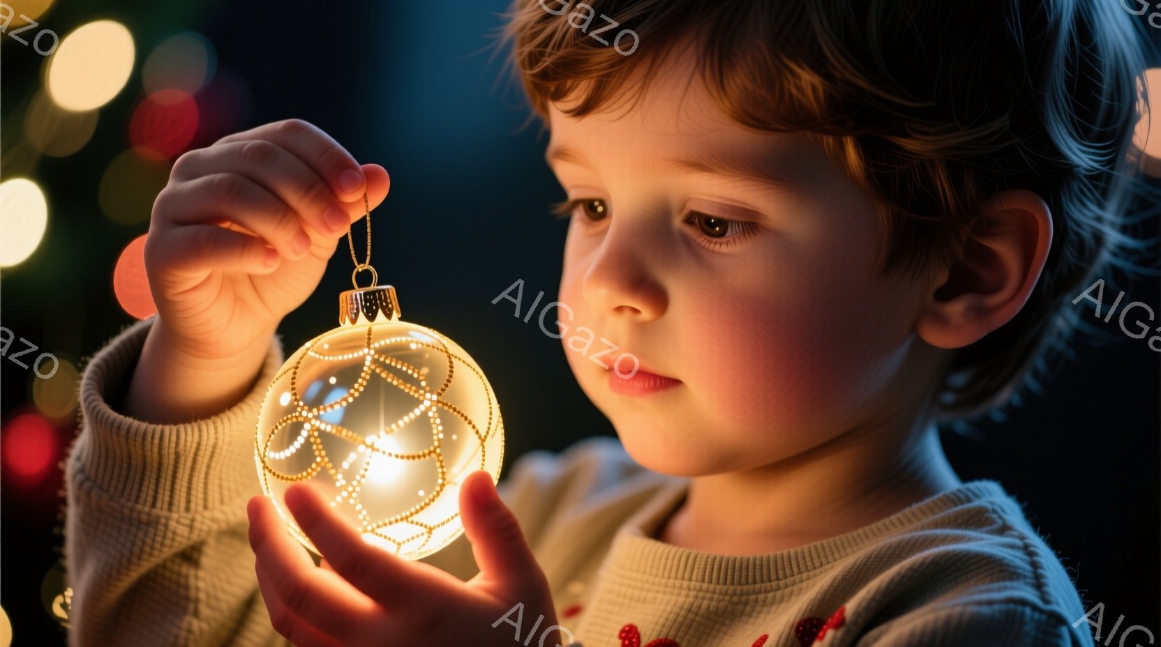 幼い少年が光るオーナメントを両手でそっと抱えています。彼はベージュ色のセーターを着ており、髪は短く軽くカールしています。背景にはぼやけた光の粒子があり、暖かく幻想的な雰囲気を醸し出しています。