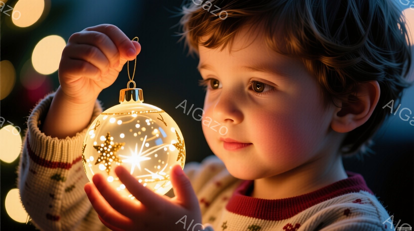 金髪の幼い少年が光るオーナメントを両手でそっと抱えています。赤い縁取りのある緑色のセーターを着ており、少し驚いたような、あるいは夢中になったような表情をしています。背景にはぼんやりとした光のぼやけがあり、温かく幻想的な雰囲気を醸し出しています。