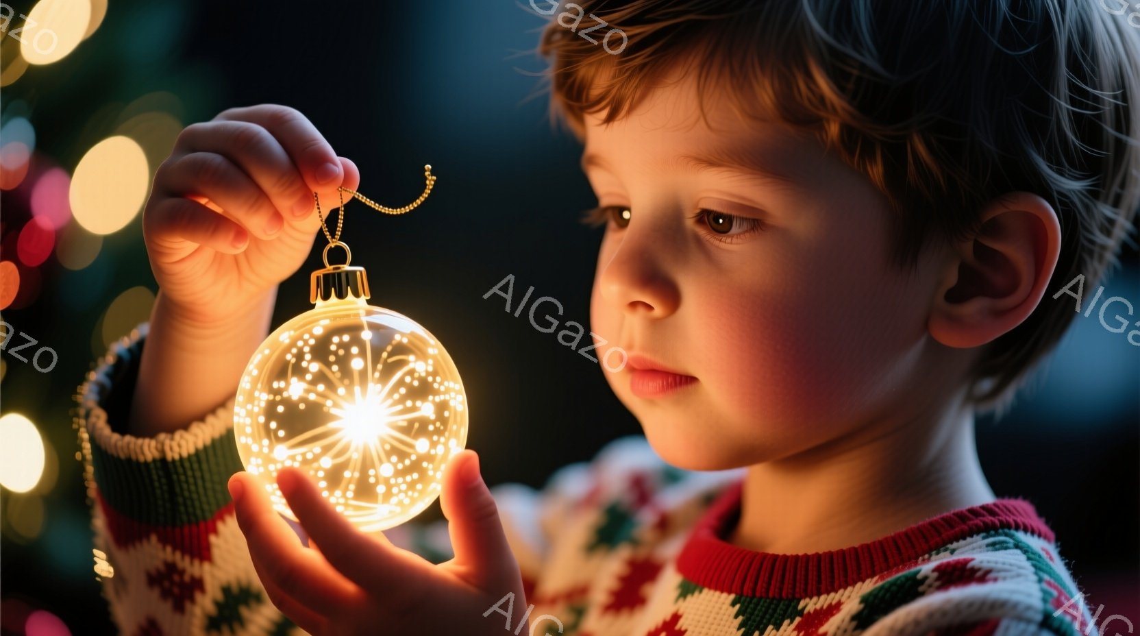 少年は、緑と赤のニットセーターを着ており、光るオーナメントを両手でそっと抱えています。彼の髪は短く明るい茶色で、目はオーナメントの光に集中し、少し思索的な表情をしています。背景にはぼやけた光の玉が点在し、暖かく幻想的な雰囲気を醸し出しています。