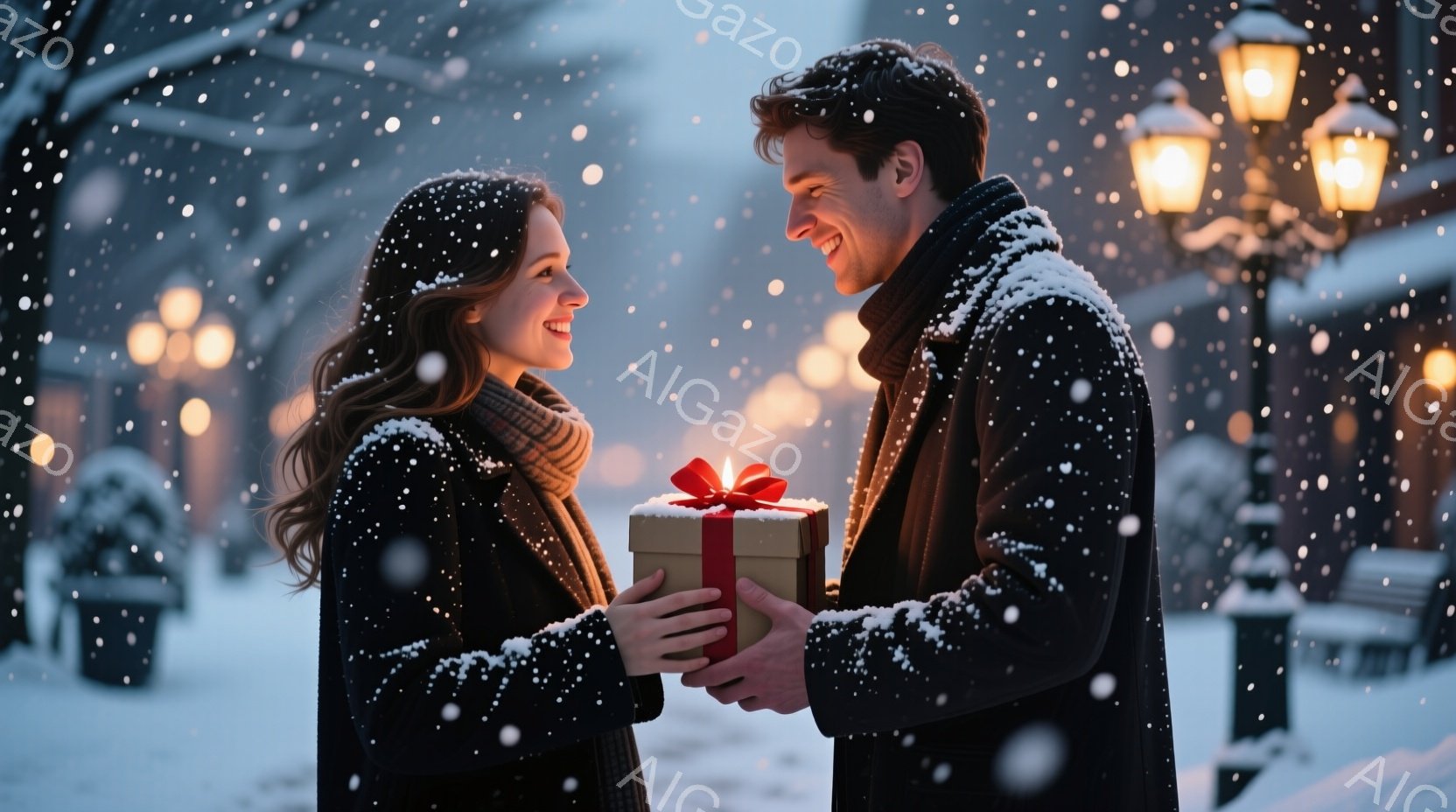 雪が降り積もる中で、若い男女がプレゼントを交換しようとしている場面です。女性は長い茶色の髪で、黒いコートとスカーフを着用し、笑顔でプレゼントを受け取ろうとしています。男性も黒いコートを着ており、温かい笑顔でプレゼントを差し出しています。背景には、雪で覆われた公園のベンチや街灯が見え、ロマンチックで穏やかな冬の雰囲気が漂っています。