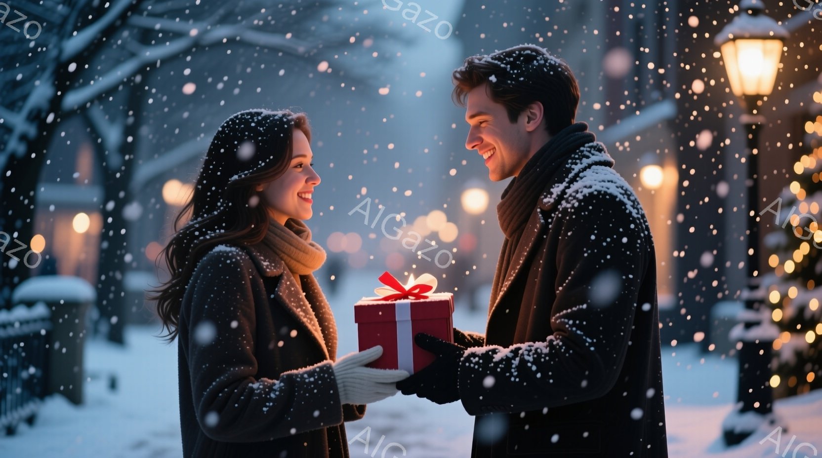 雪が降る街中で、一対の男女がプレゼント交換をしている様子が写っています。女性はダークブラウンのロングヘアで、クリーム色の手袋をはめ、赤いリボンがついた赤いプレゼントを受け取ろうとしています。男性は黒いコートを着て笑顔でプレゼントを差し出しており、背景には雪に覆われた建物と、ぼんやりとしたクリスマスツリーの光が見えます。