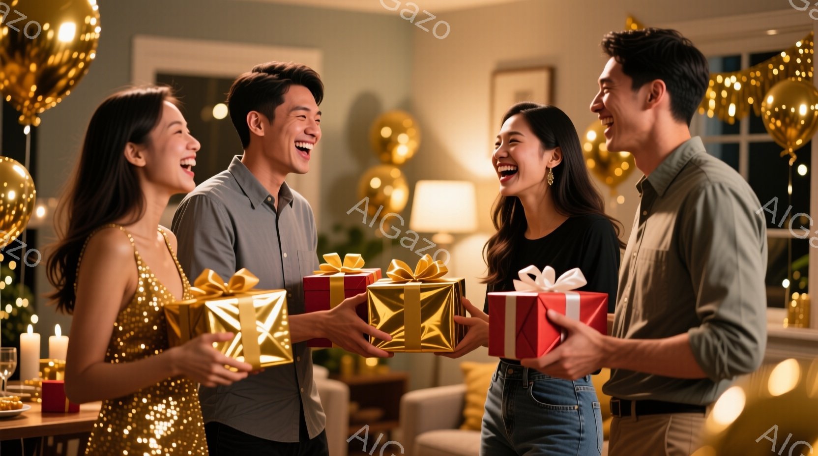 華やかなパーティー会場で、二組の男女がプレゼントを手に笑顔で向き合っている。女性はそれぞれ、キラキラと輝くゴールドのドレスと黒のトップスにデニムのパンツを着用し、男性は薄いグレーのシャツを着ている。背景にはぼやけた室内と、金色の風船が飾られており、全体的に温かくお祝いムードに満ちた雰囲気である。