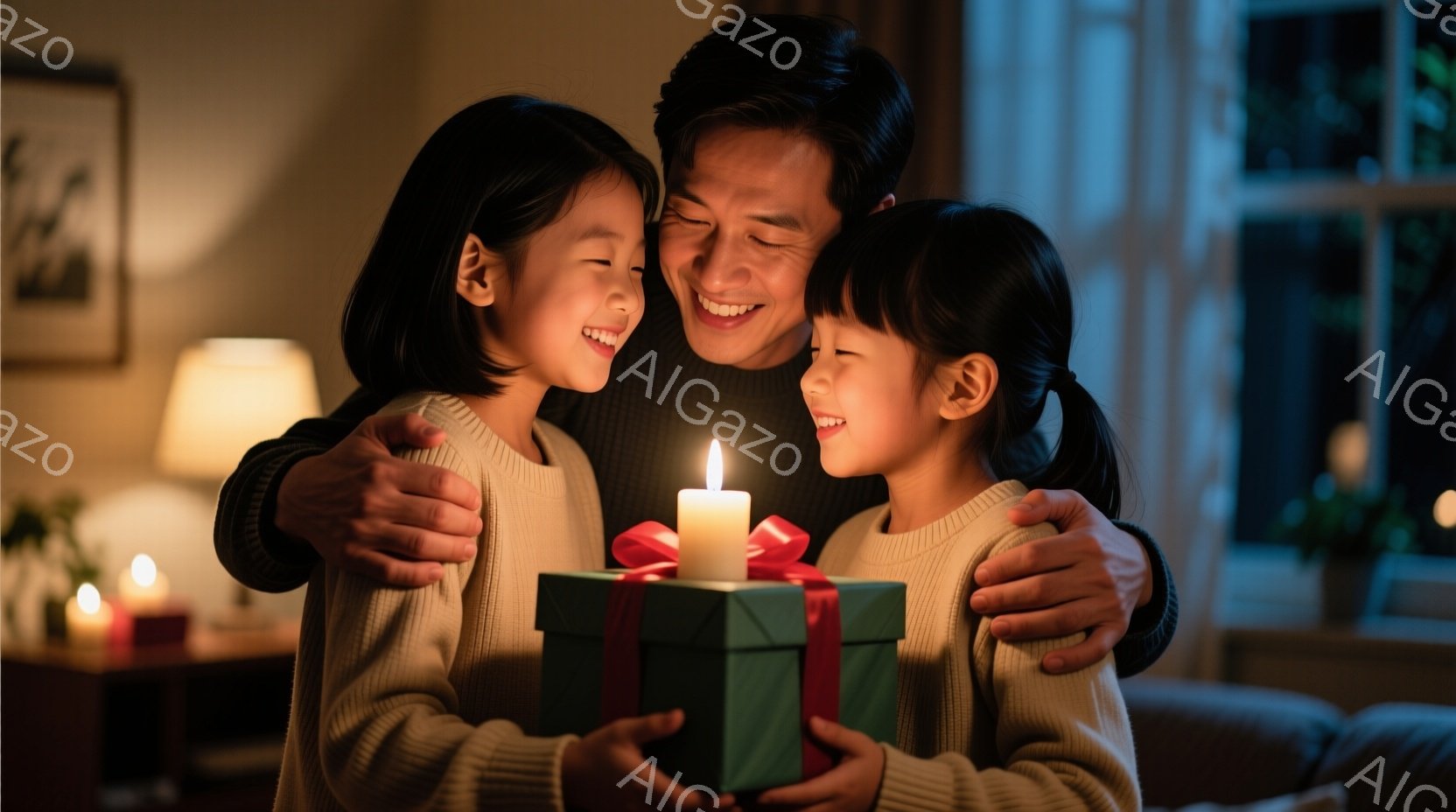 幼い女の子二人が、緑色のリボンで飾られたプレゼントを抱えた父親に抱きしめられています。彼女たちは明るい笑顔で、父親もまた幸せそうに微笑んでいます。背景には、暖色の照明とぼやけた家具があり、暖かく、親密な家庭の雰囲気が漂っています。