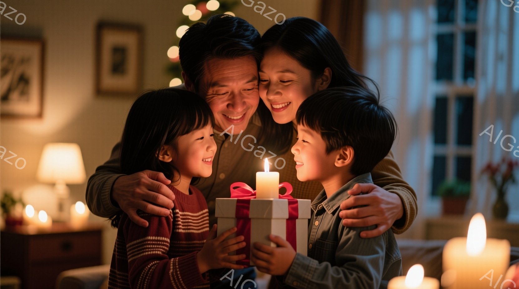 暖かい光に包まれた室内で、両親に挟まれて笑顔の男の子と女の子がプレゼントを手にしている。男の子は紺色のシャツを着ており、女の子は赤いセーターを着ている。背景にはぼんやりと家具が見え、キャンドルの灯りが優しく照らし、家族の温かい雰囲気を醸し出している。