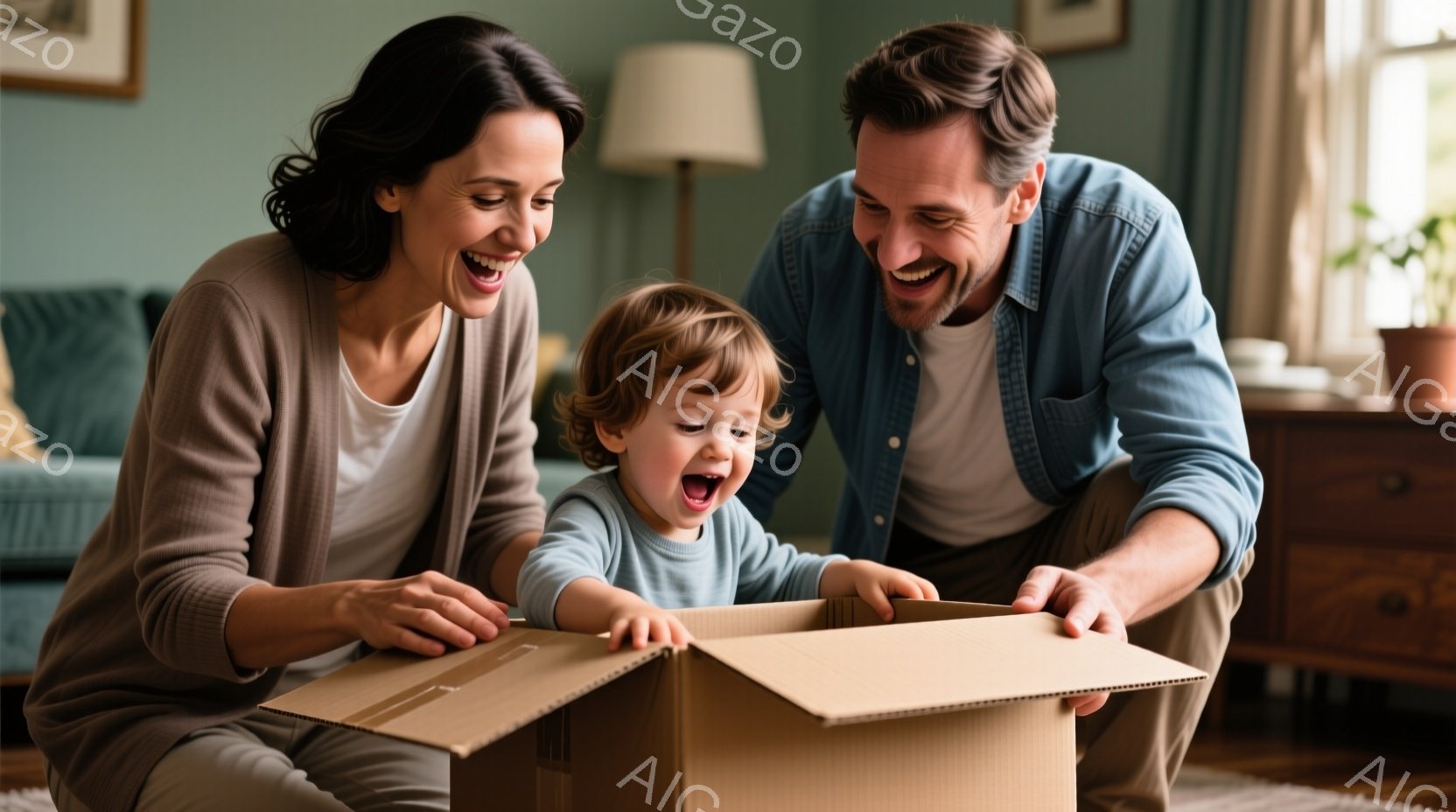 幼い男の子が茶色の段ボール箱を見つめ、両親は笑顔でその様子を見守っています。母親はベージュのニットを着ており、父親は白いTシャツにデニムジャケットを着ています。背景には木製の家具や観葉植物が見え、温か - AI生成フリー素材