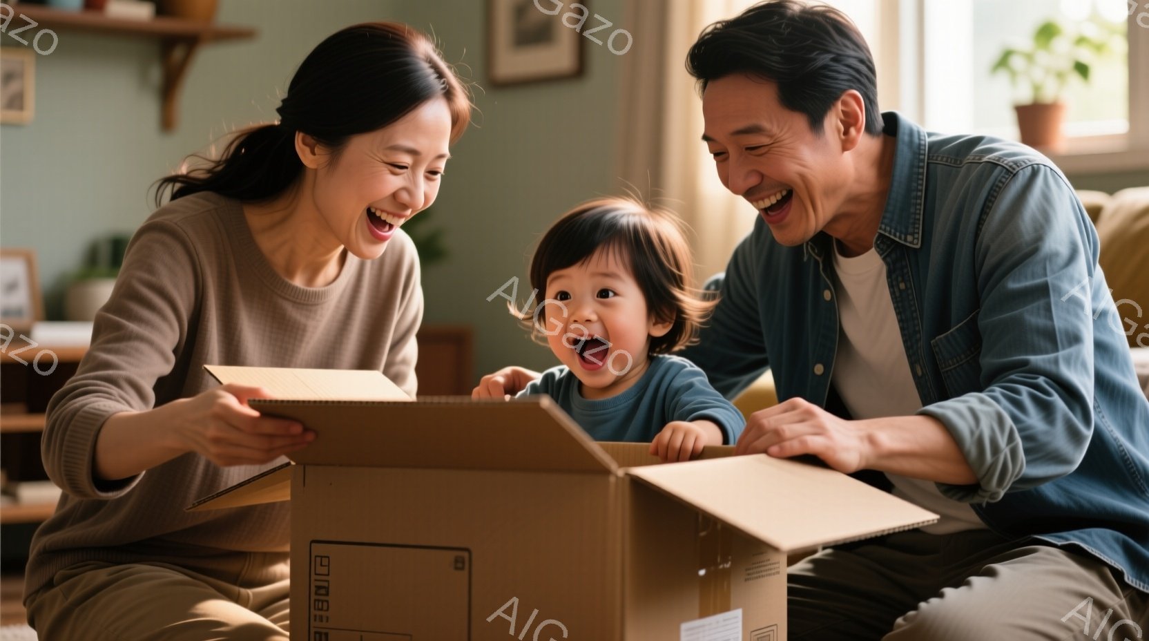 笑顔の家族が段ボール箱を開けている様子が写っている。母親はベージュのニットを着ており、髪は肩にかかる長さで、明るい表情を見せている。父親はデニムシャツを着て、開けられた段ボール箱の中を見つめ、小さな子供は興奮した様子で口を開けている。