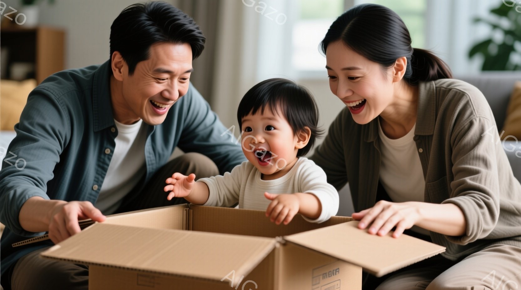 幼い子供が段ボール箱の中から顔を出しており、両親が嬉しそうに見守っています。父親はデニムシャツを着ており、母親はベージュ色のトップスを着ています。室内には木製の家具が見え、温かく穏やかな雰囲気が漂って - AI生成フリー素材