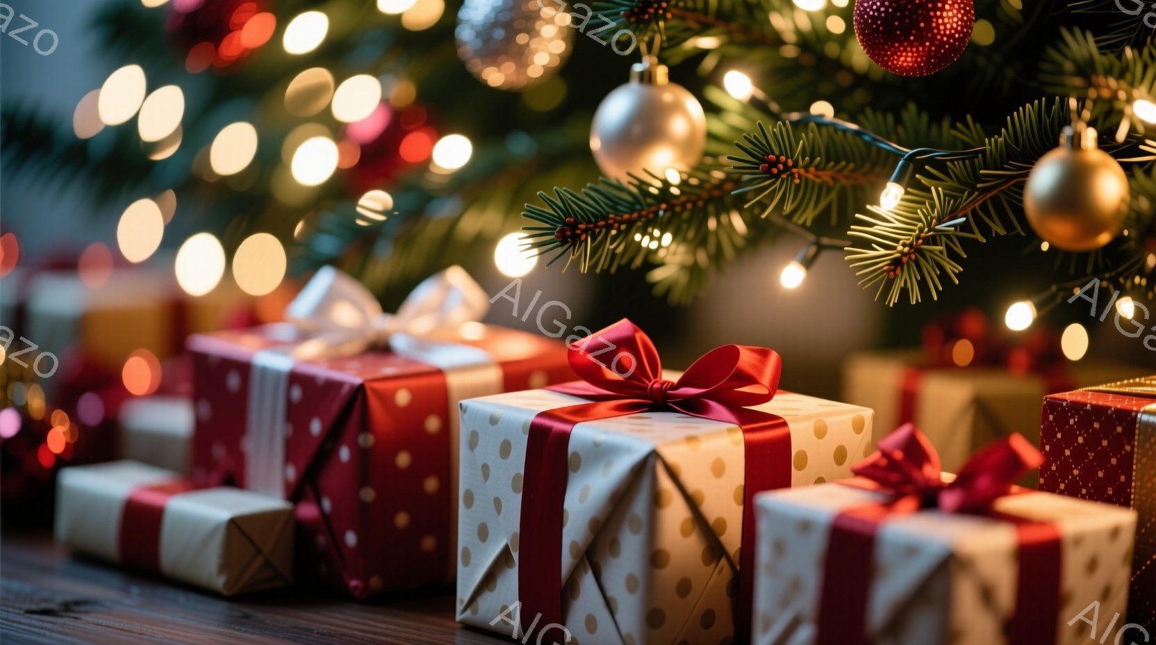 クリスマスツリーの足元に、様々なラッピングペーパーで包まれたプレゼントが並べられています。赤と金色のドット柄、無地の赤、そして銀色の紙で包まれた箱が、暖かく華やかな雰囲気を醸し出しています。背景にはぼ - AI生成フリー素材