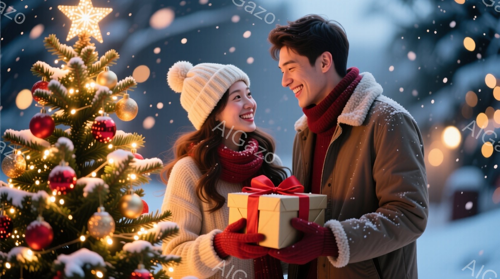 雪が舞う中で、若い男女がクリスマスツリーの前に立っています。女性は白いニット帽とセーター、赤いマフラーと手袋を身につけ、微笑んでいます。男性は濃い色のコートを着ており、女性からプレゼントを受け取り、嬉しそうに彼女を見つめています。
