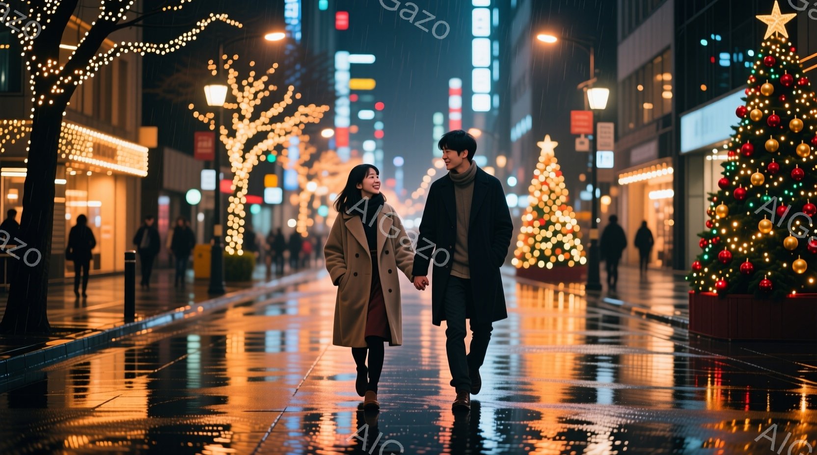 街路は雨に濡れて光を反射しており、クリスマスツリーやイルミネーションが暖かく輝いている。若い男女は手をつないで歩いており、女性はベージュ色のコートを着て微笑み、男性は黒いコートを着ている。背景にはぼや - AI生成フリー素材