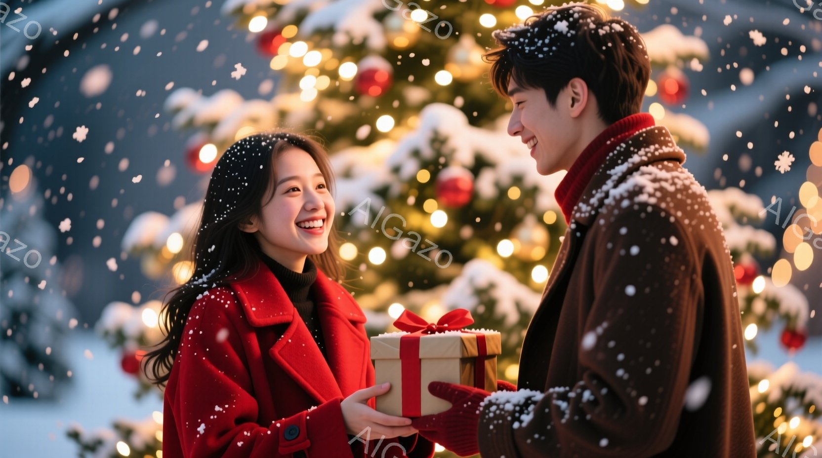 雪が舞う中で、女性は赤いコートを着て微笑み、男性にプレゼントを渡しています。男性はダークブラウンのコートを着て女性を見つめ、嬉しそうな表情をしています。背景には、ぼやけたクリスマスツリーの光が輝き、ロ - AI生成フリー素材