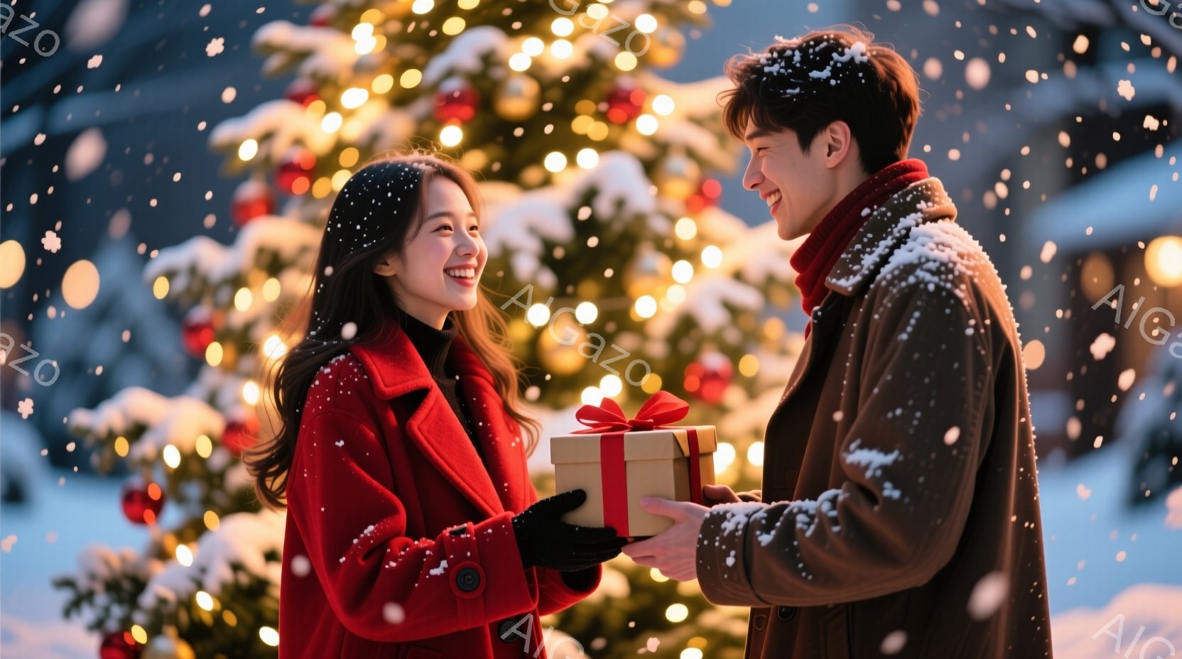 雪が舞う中、赤いコートを着た女性と、茶色のコートを着た男性がプレゼントを交換し合っています。女性は微笑み、男性も優しく微笑みながらプレゼントを差し出しています。背景には、きらびやかなイルミネーションで飾られたクリスマスツリーがあり、ロマンチックで温かい雰囲気を醸し出しています。