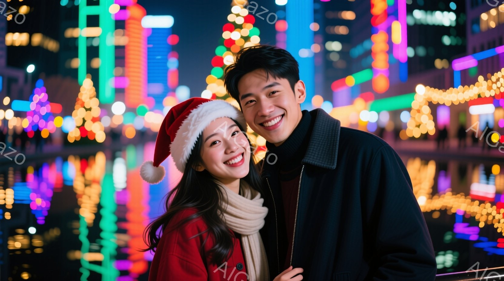 クリスマスの帽子をかぶった女性と、黒いコートを着た男性が写っています。二人は笑顔で寄り添い、暖かく幸せそうな雰囲気を醸し出しています。背景には、色とりどりの光で飾られた街並みが広がり、夜の賑やかさとク - AI生成フリー素材