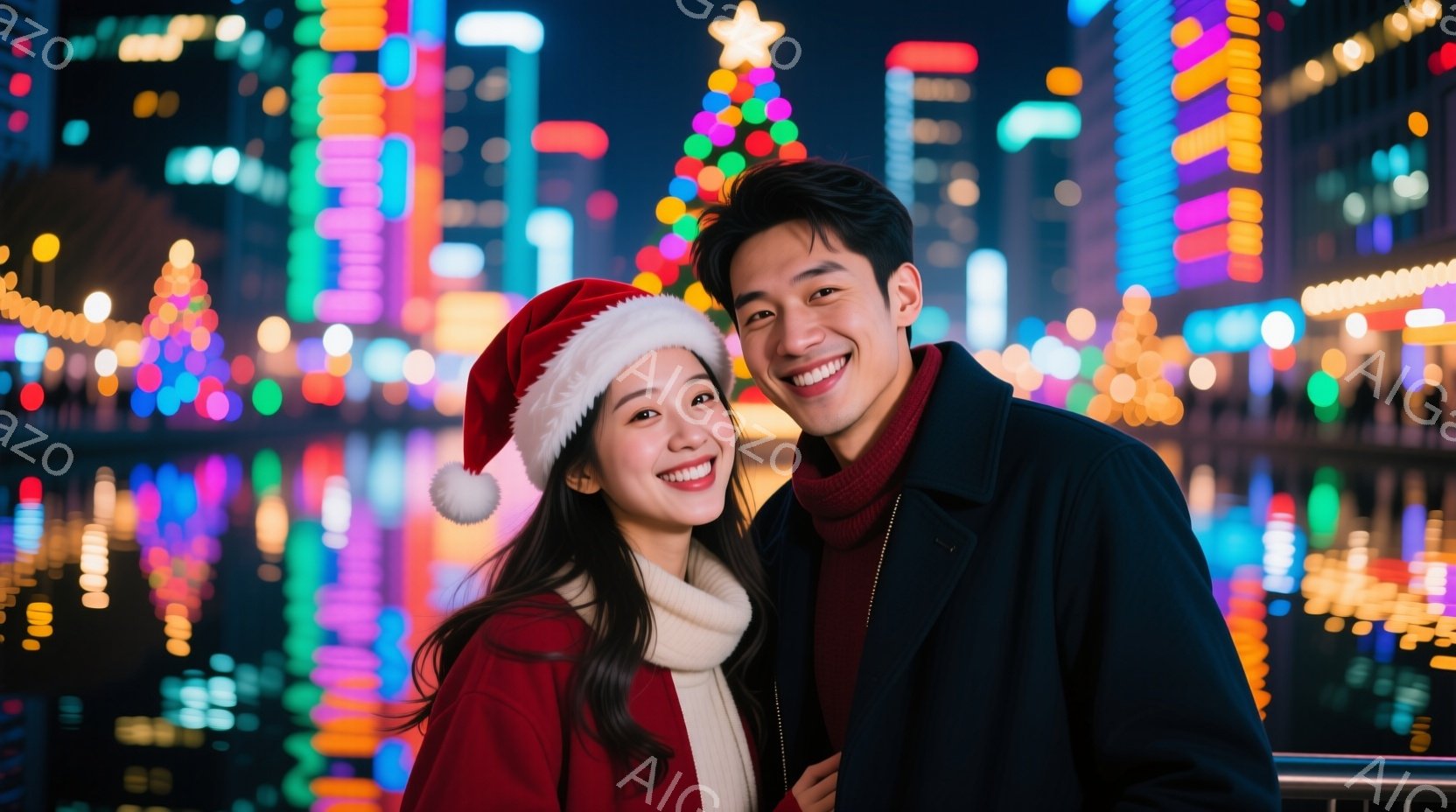 笑顔の若い男女が寄り添って写っている。女性は赤いコートと白いマフラーを身につけ、サンタの帽子をかぶり、長い茶色の髪を肩にかかっている。背景には、クリスマスツリーや光り輝く街並みが広がり、華やかで温かい - AI生成フリー素材