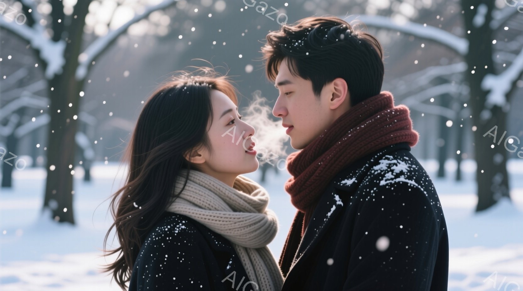 雪が舞う中で、若い男女が顔を近づけています。女性は茶色のゆるふわヘアで、白いマフラーと黒いコートを着ています。男性は黒いコートに赤いマフラーを巻き、女性を見つめており、背景には雪で覆われた木々が並び、 - AI生成フリー素材