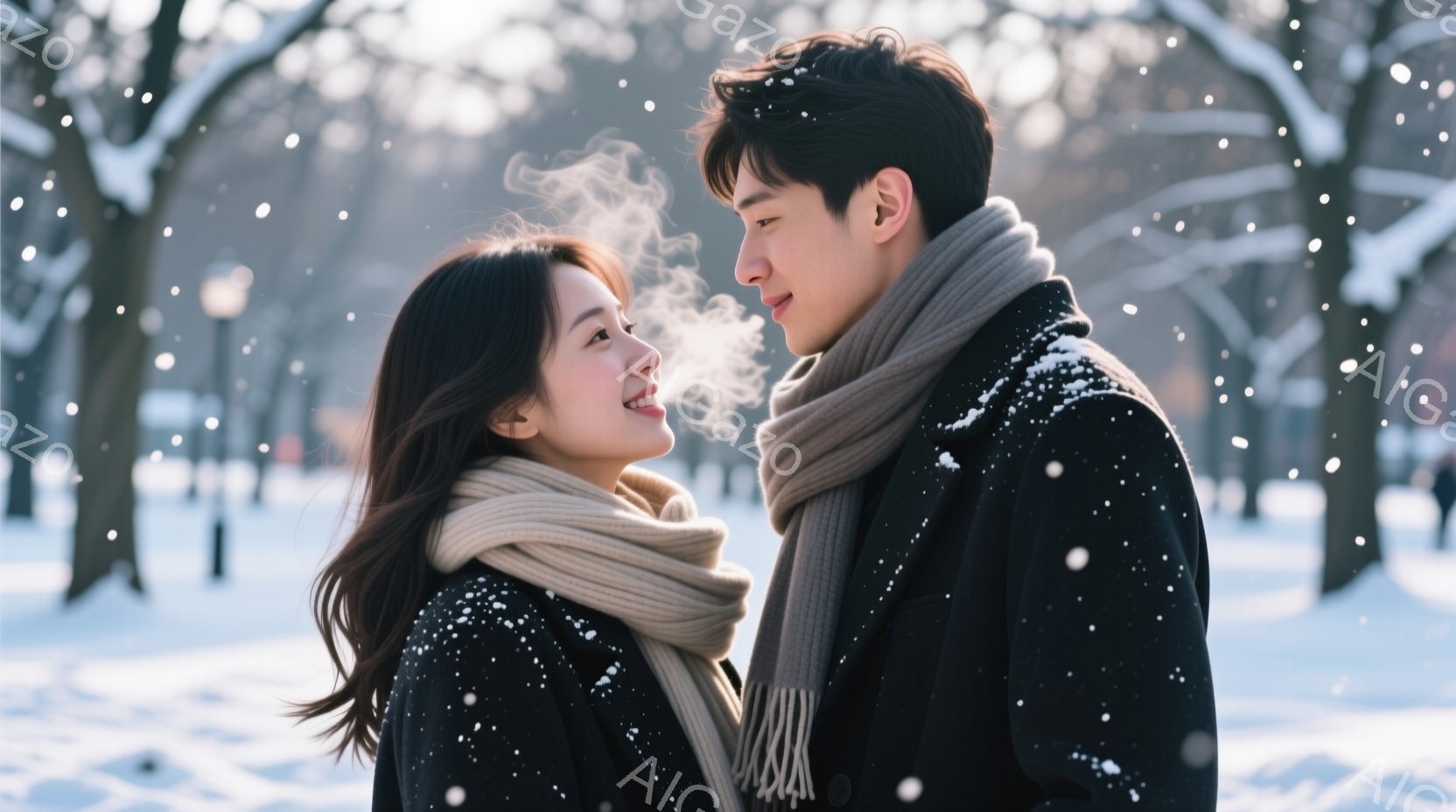 雪が降る公園で、若い男女が互いに見つめ合っている。女性は長くストレートの黒髪で、ベージュの暖かいスカーフを巻いている。男性も黒いコートを着ており、女性を見つめる優しい表情を浮かべている。 - AI生成フリー素材