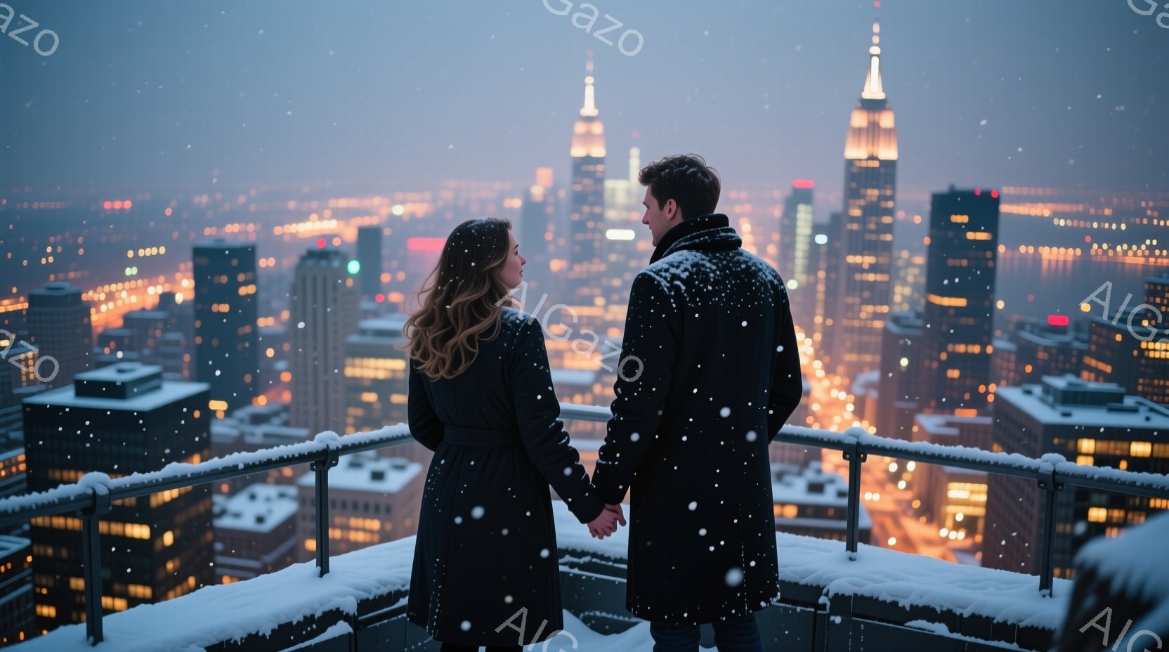 雪が降る夜のニューヨークの高層階で、一対の男女が寄り添い、街を見下ろしている。女性は長くウェーブのかかった髪を持ち、黒いコートを着ており、男性は黒いコートを着ている。背景にはきらめく高層ビル群が広がり、ロマンチックで幻想的な雰囲気を醸し出している。