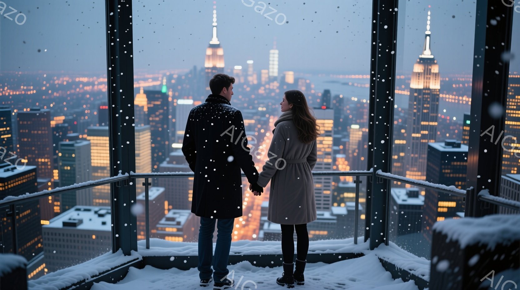 長い黒いコートを着た男性と、ベージュ色のオーバーコートを着た女性が、ニューヨークの街並みを一望できる高層ビルの展望台で手をつないで立っている。雪が舞い降り、展望台の縁には雪が積もり、背景にはきらめく高層ビル群と、遠くに見えるエンパイアステートビルが広がり、ロマンチックな雰囲気を醸し出している。二人は背中合わせで、街の明かりを見つめている様子から、静かで穏やかな時間が流れていることが感じられる。