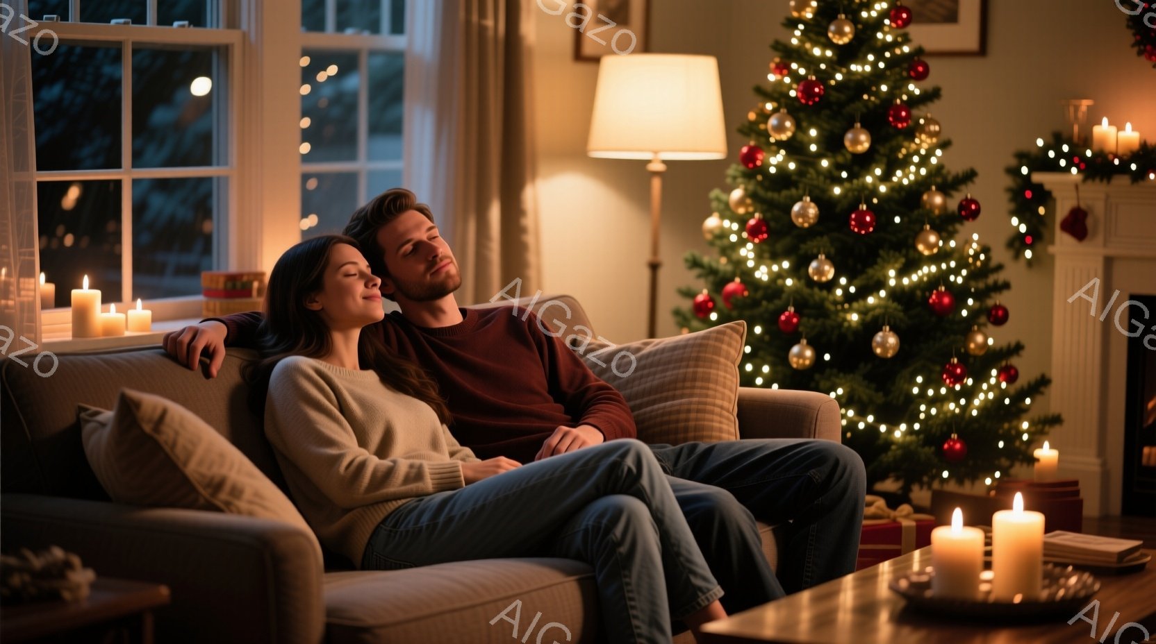 暖炉のある居間に、若い男女がソファで寄り添って座っています。女性はベージュのセーターを着ており、髪は後ろでまとめています。男性は赤いシャツを着て、目を閉じてリラックスした表情をしています。背景にはクリ - AI生成フリー素材