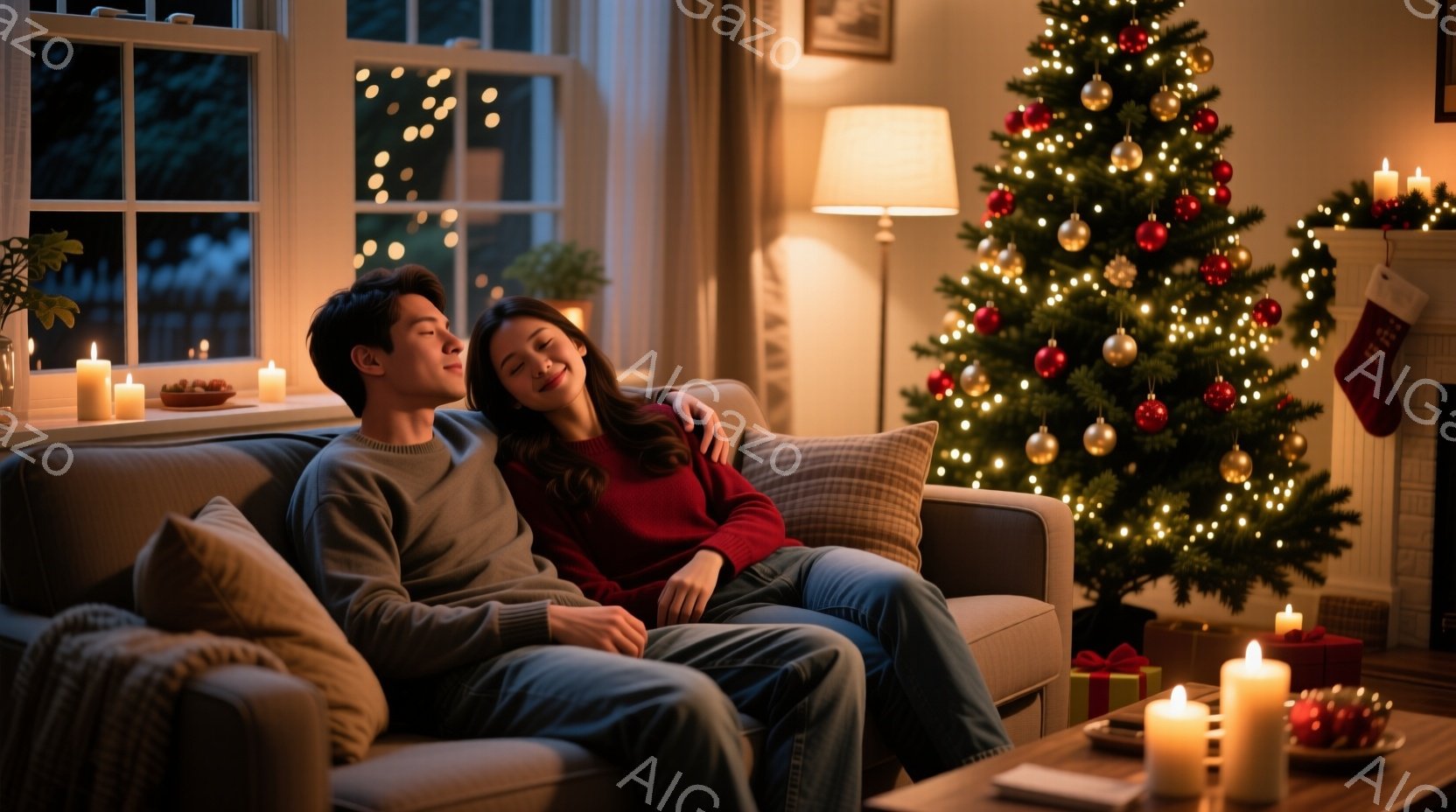暖炉のあるリビングで、若いカップルがソファに寄り添って座っています。男性はセーターを着ており、女性は赤いセーターを着て、髪は後ろに流しています。背景には、クリスマスツリーが飾り付けられ、キャンドルが灯り、温かく穏やかなクリスマスの雰囲気を醸し出しています。