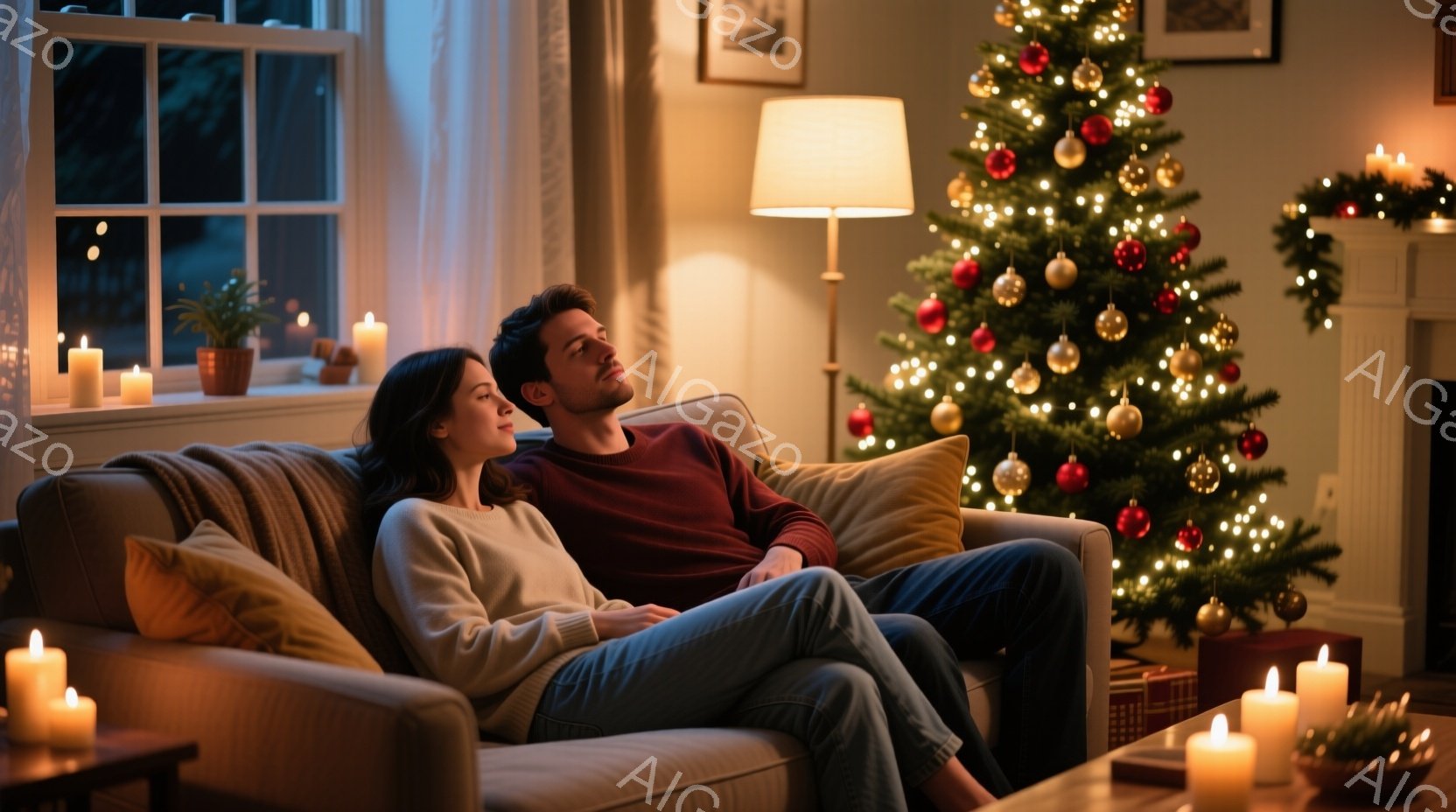 ソファに座っている若い男女が写っており、女性はオフホワイトのセーターを着て、男性は赤褐色のニットを着ています。二人はリラックスした様子で寄り添い、暖炉の灯りとクリスマスツリーの優しい光に照らされていま - AI生成フリー素材