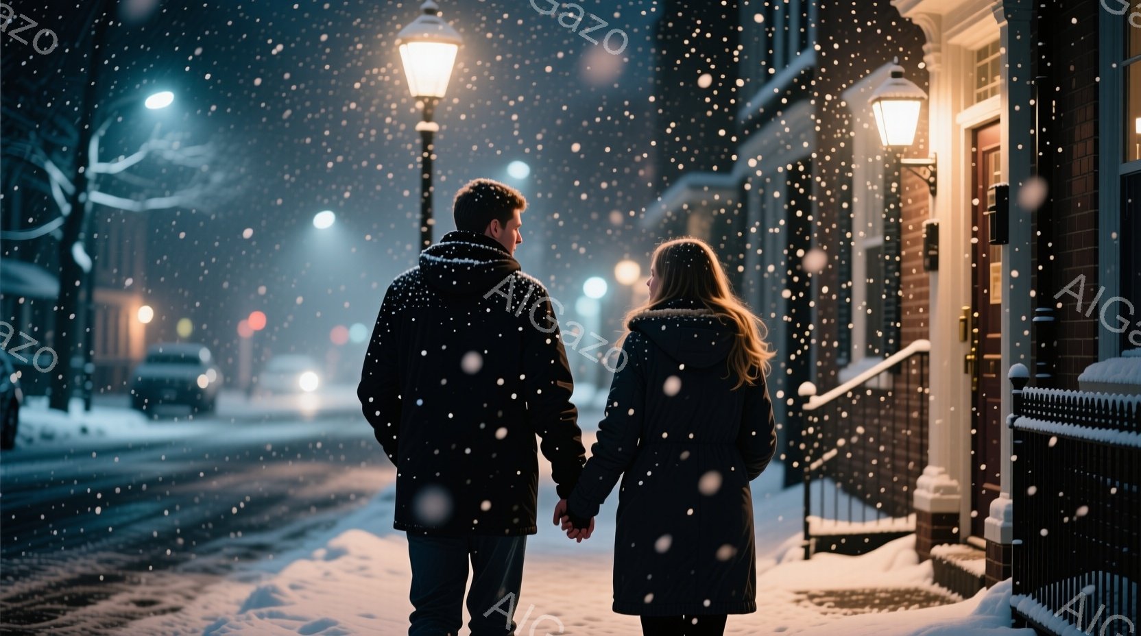雪が降る夜の街並みを、男女が手をつないで歩いている。男性は黒いコートにジーンズ姿で、女性は白い冬のコートを着て、ゆるやかにウェーブした髪が背中に流れている。背景にはレンガ造りの建物が並び、街灯が暖かく - AI生成フリー素材