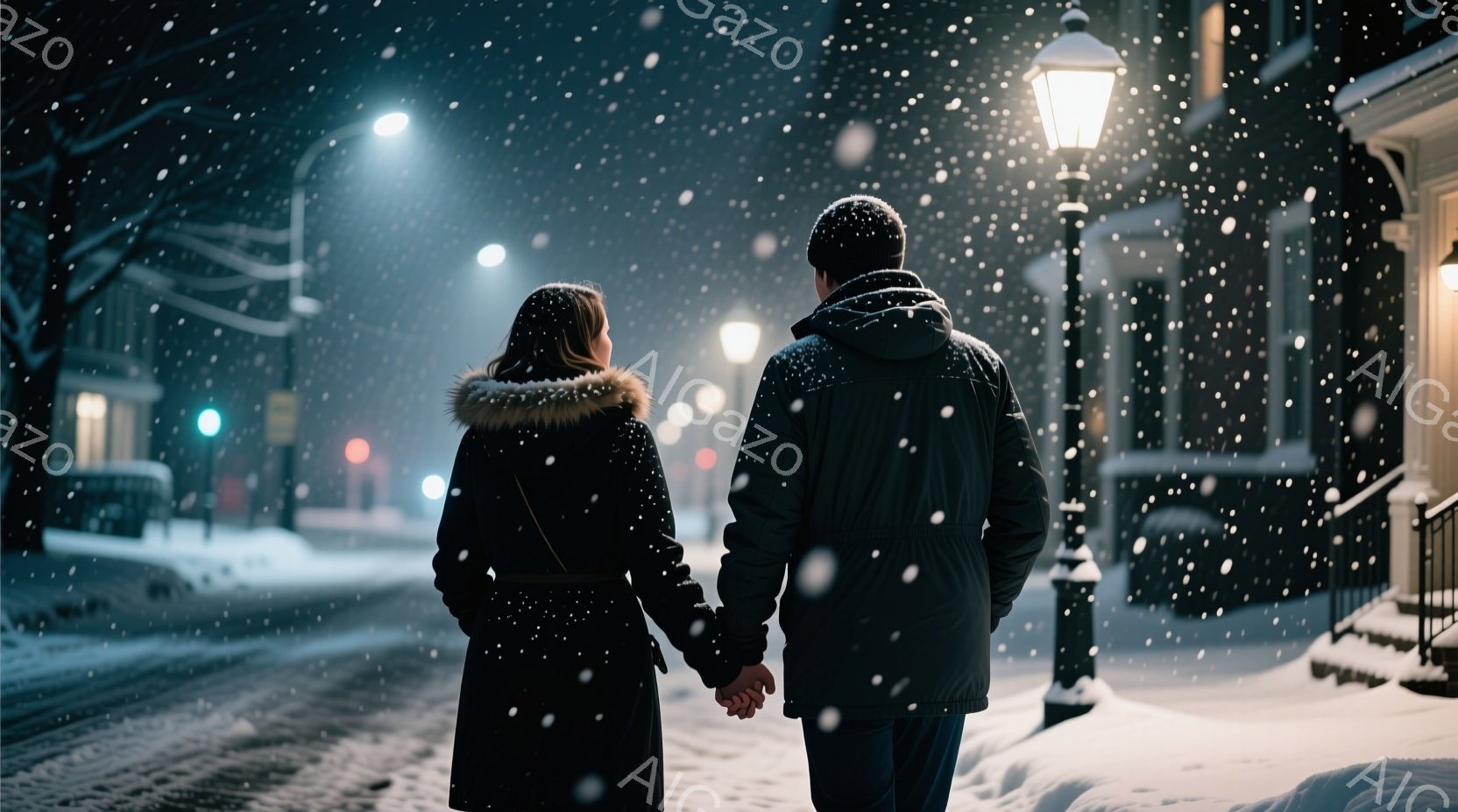 雪の降る夜に、コートを着た男女が手をつないで歩いている。女性は襟元がファーの黒いコート、男性は濃い色の冬用ジャケットを着ており、二人とも後ろ姿であるため表情は伺えない。背景には、雪に覆われた建物や街路灯が見え、ロマンチックで静寂な雰囲気が漂っている。