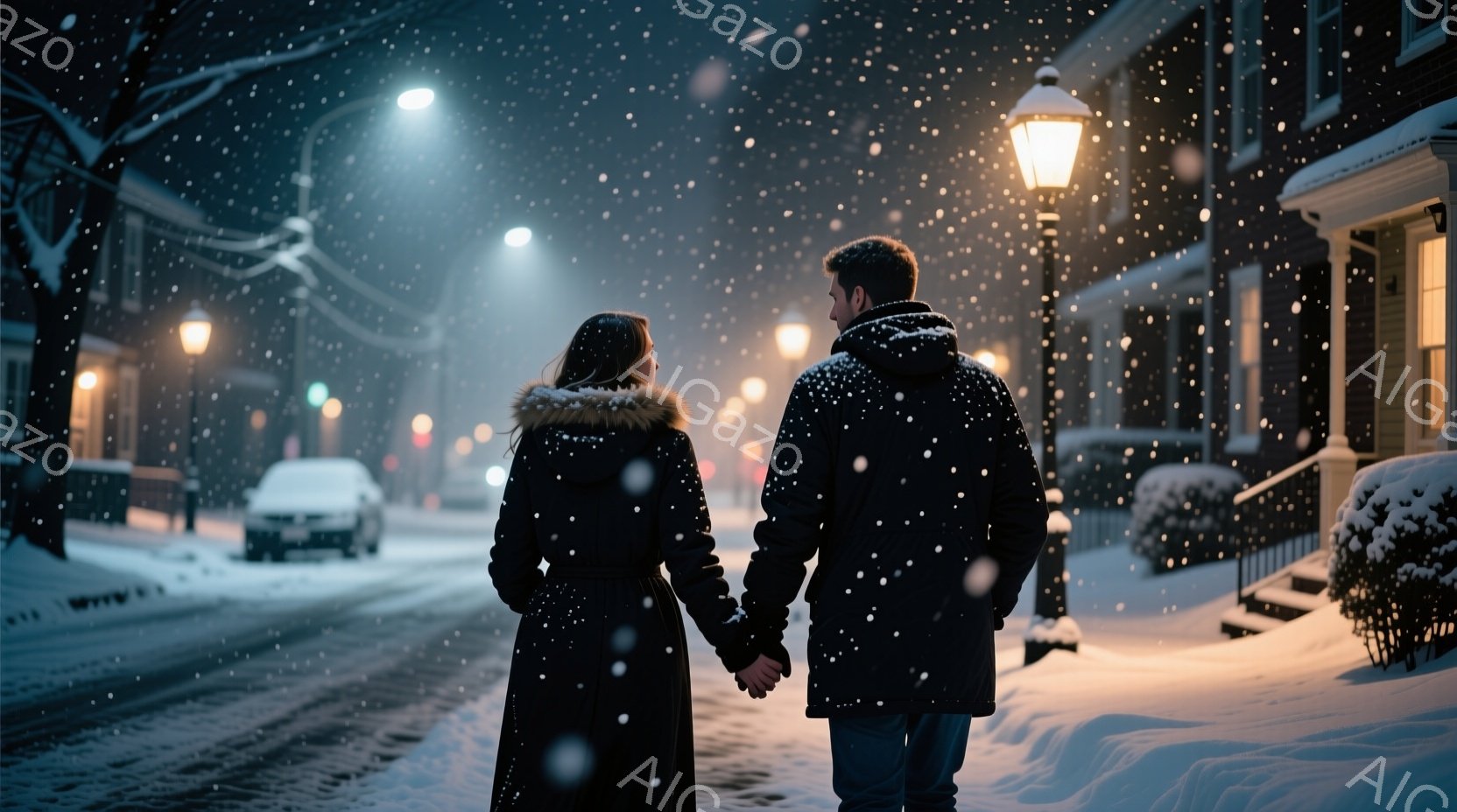 雪が降る夜の街並みを、コートを着た男女が手をつないで歩いている。女性はロングコートを着ており、男性は黒いコートとジーンズ姿で、背中からのアングルで顔は見えない。背景には雪に覆われた建物や街灯、そして車 - AI生成フリー素材