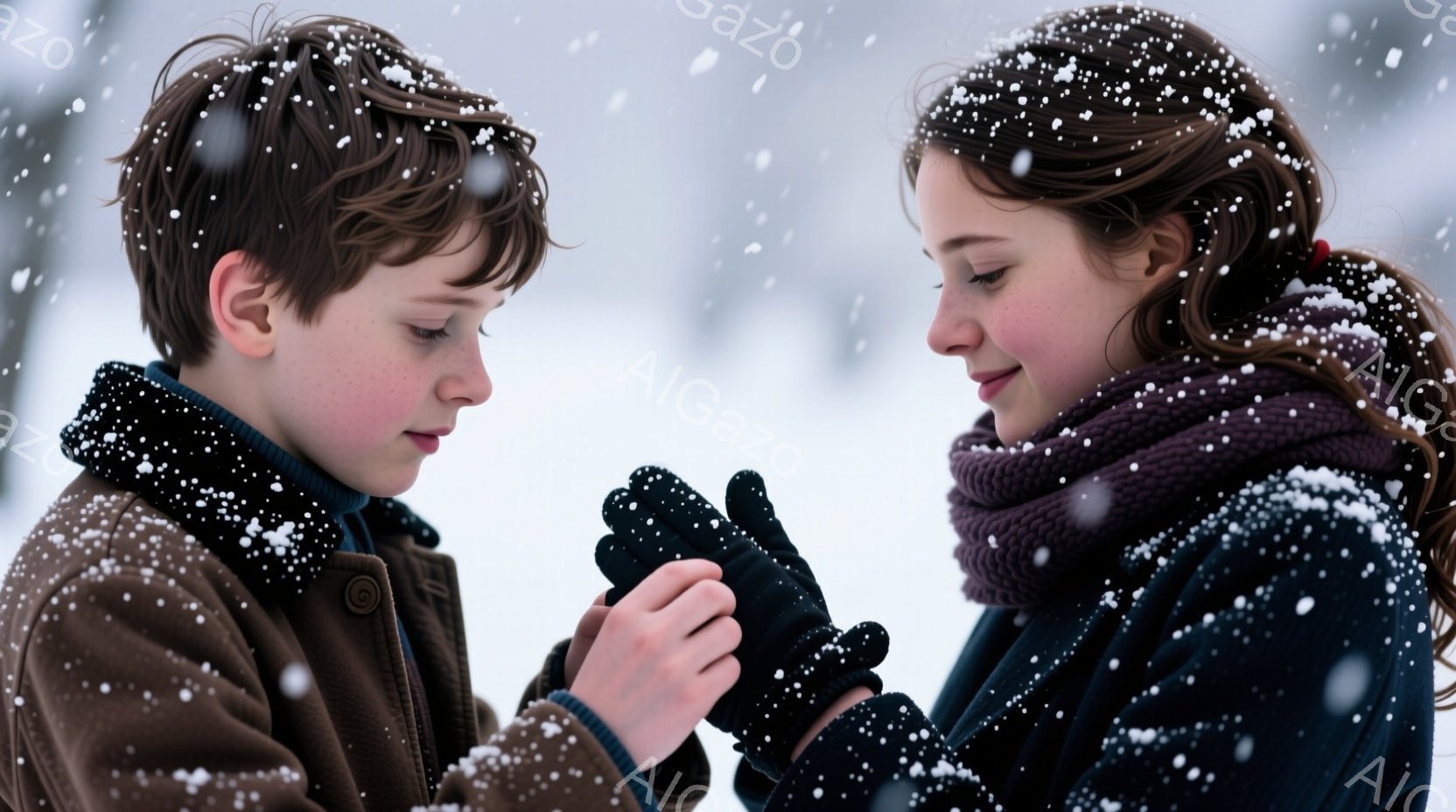 少年と少女が雪の中で向き合い、少女が少年の手に手袋をはめようとしています。少年は茶色の短い髪で、茶色のコートを着ており、やや緊張した表情をしています。背景は雪景色で、ぼんやりと木々が見え、全体的に暖かく、優しい雰囲気が漂っています。