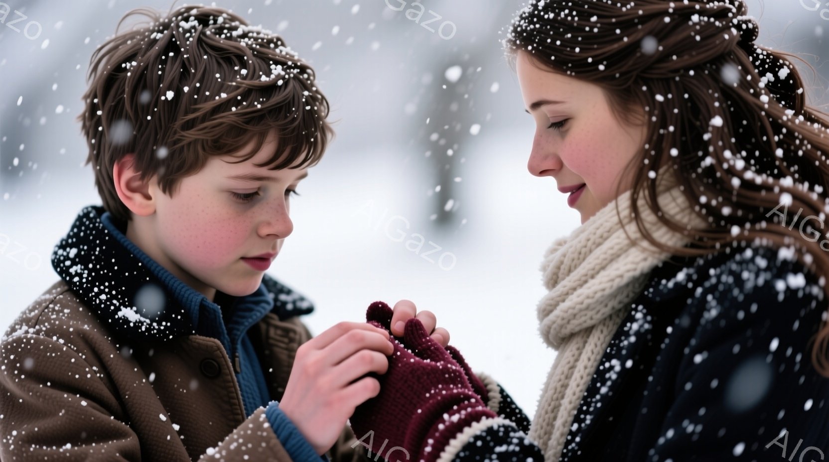 雪が降る中で、少年と少女が寄り添い、何かを共有している様子が写っている。少年はダークカラーのコートにブルーのセーターを着ており、髪は短く刈り上げられている。少女は黒いジャケットに白いニットのストールを巻き、片手に赤い手袋を差し出している。