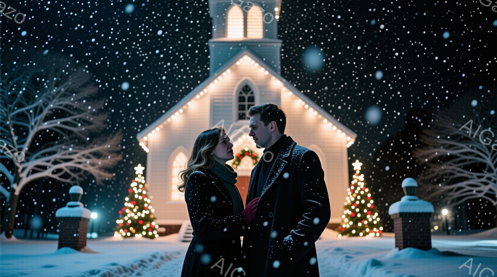 雪が降る夜、教会を背景に一対のカップルが寄り添っている。女性はダークカラーのコートとストレートの長い髪で、少し顔を上げ見つめ合っている。男性は黒いコートを着ており、女性を見つめ、二人の間には温かくロマ - AI生成フリー素材