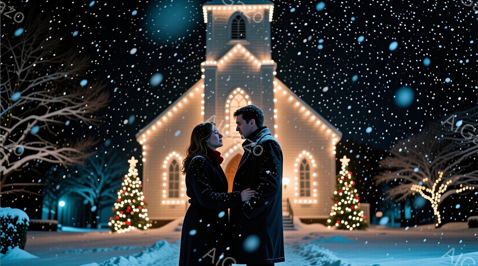 雪が降り積もる夜、教会を背景に寄り添う若い男女が描かれています。女性は赤いスカーフとダークカラーのコートを着ており、男性はダークスーツにコートを羽織っています。教会の周りにはクリスマスツリーが飾られ、 - AI生成フリー素材