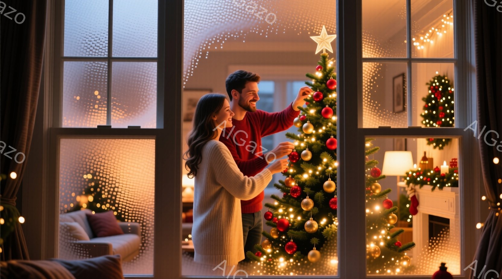 クリスマスツリーの飾り付けをしている若いカップルが写っています。女性は白いセーターを着ていて、男性は赤いセーターを着ています。部屋は暖かく、クリスマスオーナメントや光で飾られており、温かく幸せな雰囲気が漂っています。
