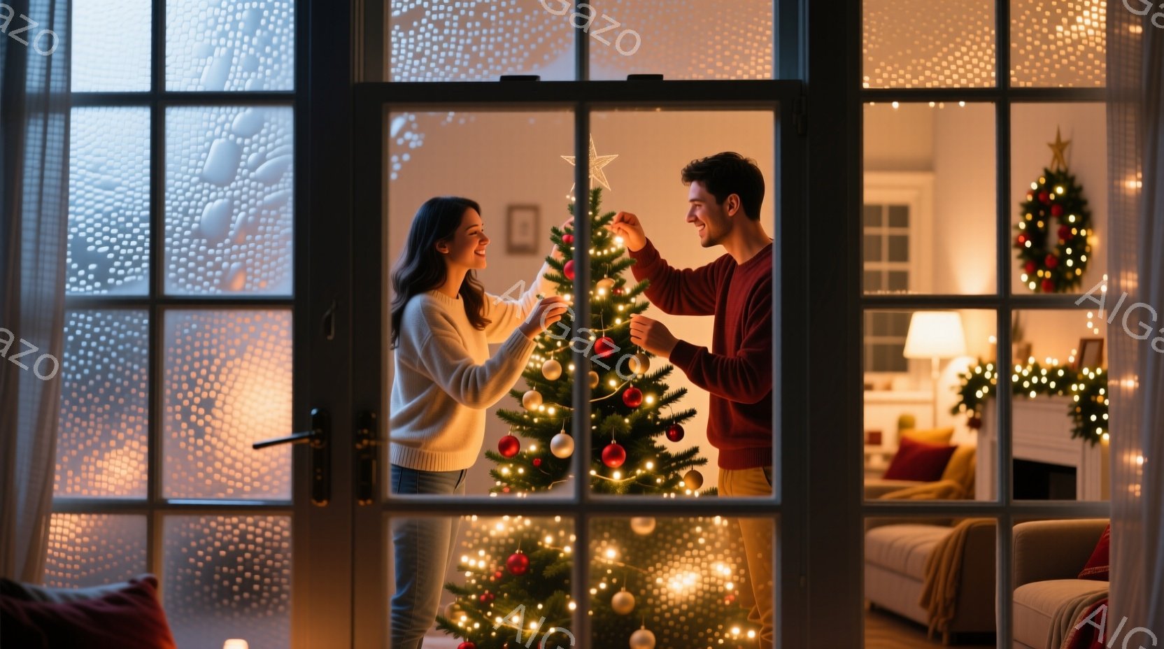 クリスマスツリーの飾り付けをする若いカップルが写っています。女性は白いセーターとジーンズ姿で、笑顔で星型のオーナメントを取り付けようとしています。男性は赤いセーターを着ており、女性の横でツリーを見上げ - AI生成フリー素材