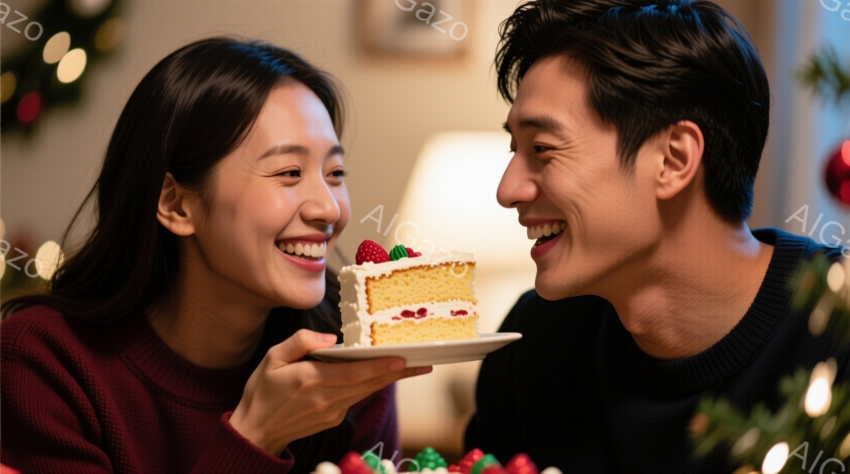 女性は赤いセーターを着て、笑顔でケーキを掲げています。男性は黒いセーターを着て、ケーキを見ながら楽しそうに笑っています。背景にはぼやけたクリスマスツリーと装飾が見え、温かく幸せな雰囲気が漂っています。 - AI生成フリー素材