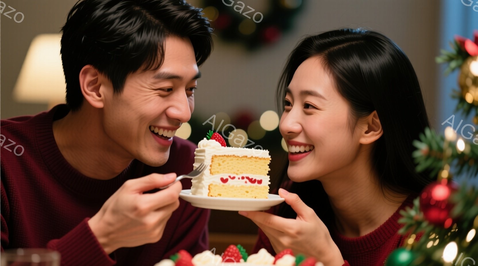 笑顔の男女がケーキを分け合っています。男性は赤いセーターを着ており、女性は同じく赤いニットを着ています。背景にはクリスマスツリーやケーキが飾られており、温かく幸せな雰囲気が漂っています。