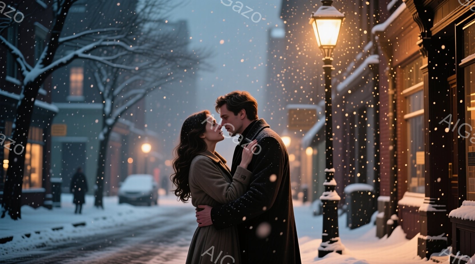 雪が降る街角で、一対の男女が抱き合っている。女性は巻き毛のロングヘアで、ベージュのコートを着ており、男性は黒いコートを着て優しい表情で女性を見つめている。背景にはレンガ造りの建物が並び、ガス灯の光が雪を照らし、ロマンチックで温かい雰囲気を醸し出している。