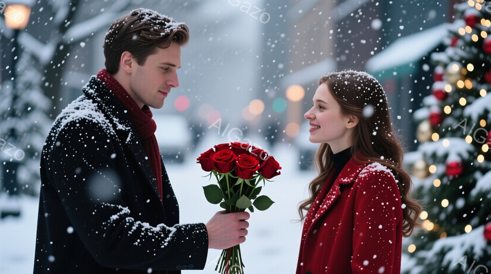 雪が降る中で、男性が女性に赤いバラの花束を差し出している。男性は黒いコートと赤いマフラーを着用し、女性は赤いコートを着ている。背景にはクリスマスツリーの明かりが見え、ロマンチックで暖かい雰囲気が漂っている。