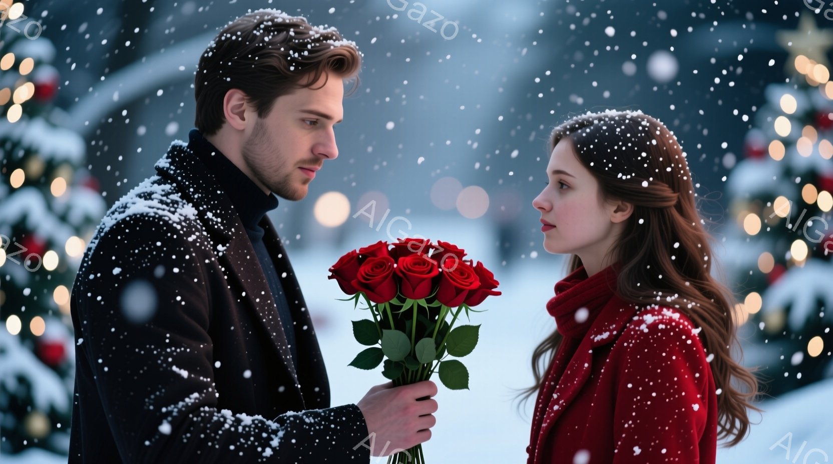 雪が降る中、一人の男性と女性が向き合っている。男性は黒いコートを着ており、赤いバラの花束を女性に差し出している。女性は赤いニットを着ており、少し恥ずかしそうな表情で彼を見つめている。