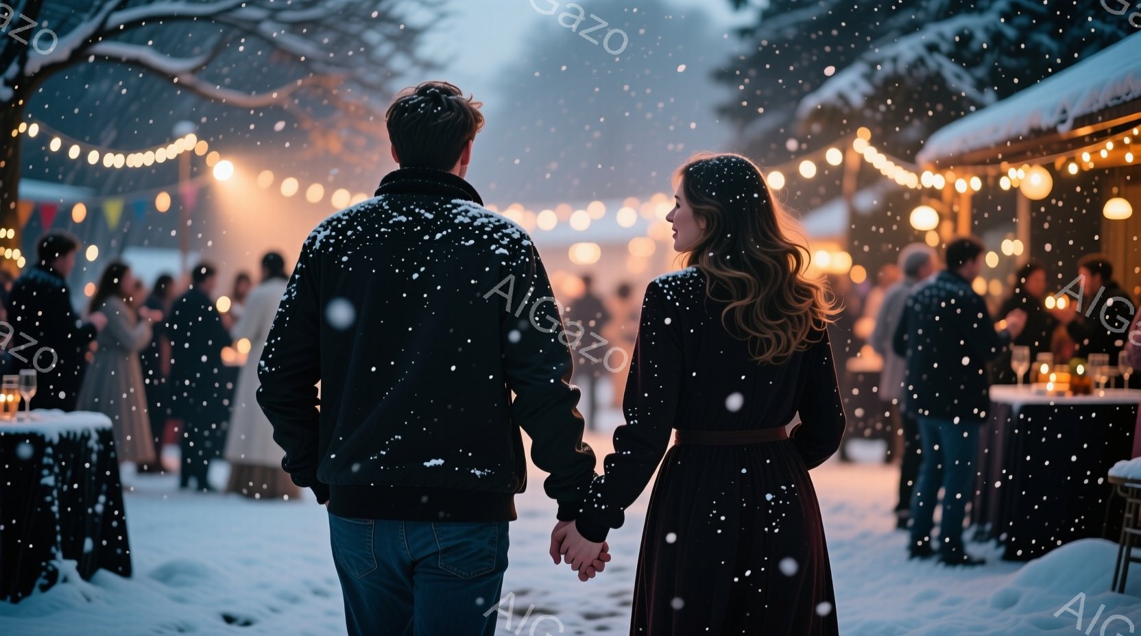 雪が舞う中で、一対の男女が手をつないで歩いている。男性は濃紺のジャケットとジーンズ姿で、女性は赤いドット柄のロングドレスを身につけている。背景には、ぼんやりと灯りがともる建物と、集まっている人々の姿が見え、冬の夜の温かくロマンチックな雰囲気が漂っている。