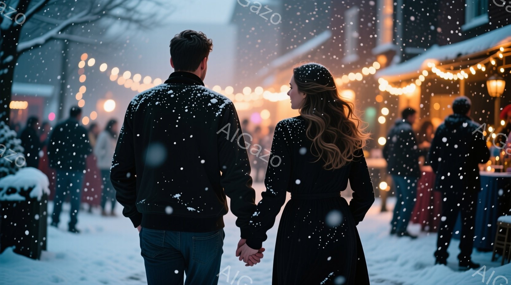 雪が舞う夜の街並みを、黒いジャケットを着た男性と黒いロングドレスを着た女性が手をつないで歩いている。女性はロングヘアで、後ろ姿からは穏やかな雰囲気が感じられる。背景にはぼやけた人影や装飾された建物が見え、温かい光が雪景色に幻想的な雰囲気を添えている。