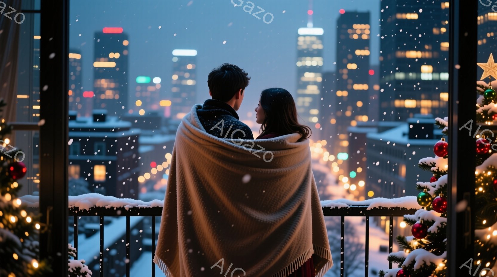 雪が降る夜、バルコニーでブランケットにくるまって夜景を見ているカップルが描かれています。男性は暗い色の髪で、女性は長い茶色の髪をしており、どちらも顔ははっきりと見えませんが、寄り添う姿から温かい雰囲気が伝わってきます。背景にはきらめく夜景が広がり、近くにはクリスマスツリーが飾られ、ロマンチックで穏やかなクリスマスの夜を思わせます。