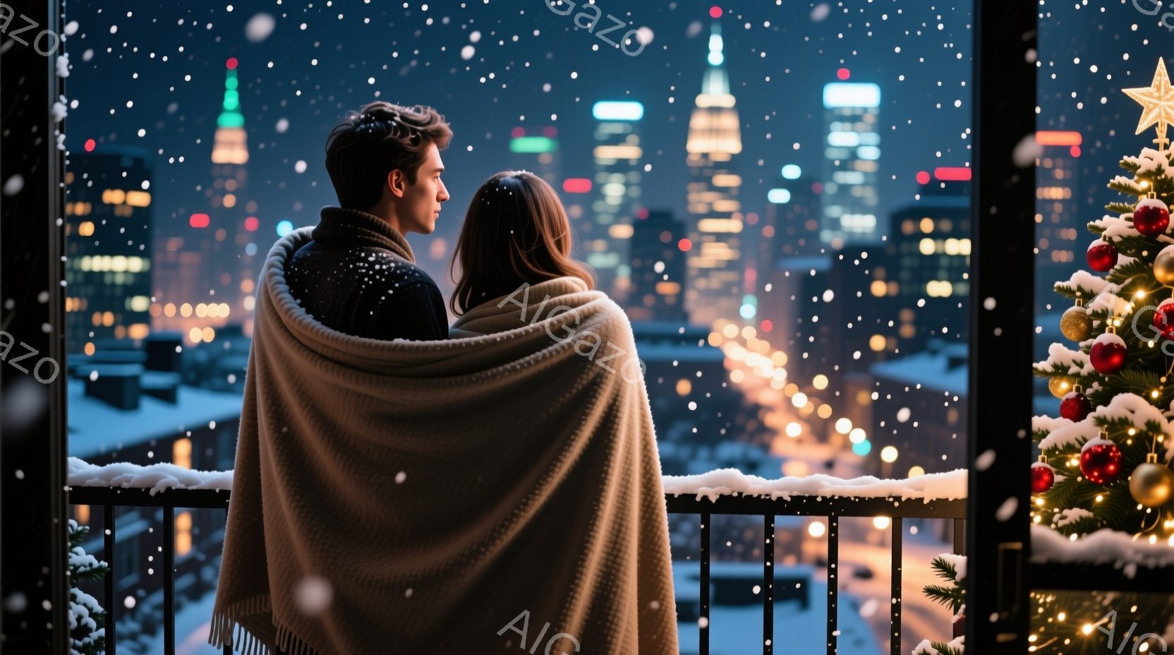 雪が舞う夜のバルコニーで、男女が寄り添いながら夜景を眺めている。男性は黒いセーターを着ており、女性は長髪で、二人とも暖かいブランケットに包まれている。背景にはきらめく都市のスカイラインが広がり、クリスマスの飾り付けがされたツリーが暖かな光を放っている。