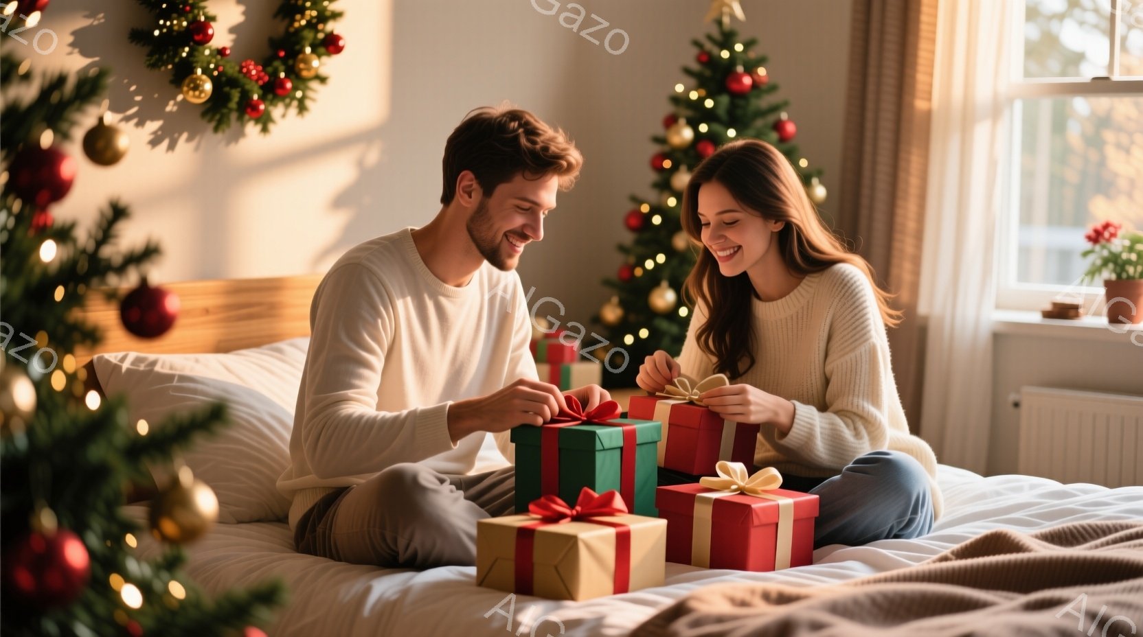 クリスマスツリーが飾られた明るい寝室で、若い男女がベッドに座ってプレゼントを開けている。男性は濃い茶色の髪で、白いセーターを着ており、プレゼントのリボンをほどこうとしている。女性は長い茶色の髪で、同じ - AI生成フリー素材