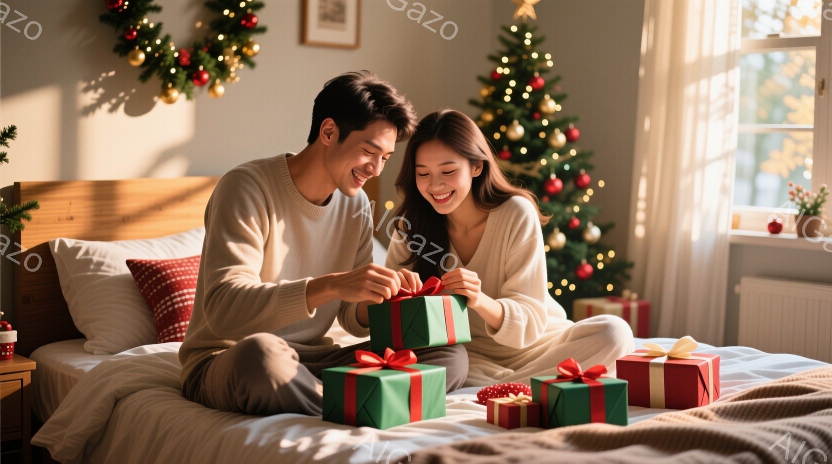 若い男女がベッドに座り、プレゼントを開けている様子が描かれています。女性は長い髪を後ろに垂らし、笑顔で緑色のプレゼントのリボンをほどいています。背景にはクリスマスツリーや飾り付けが施された室内があり、暖かく幸せなクリスマスの雰囲気が漂っています。