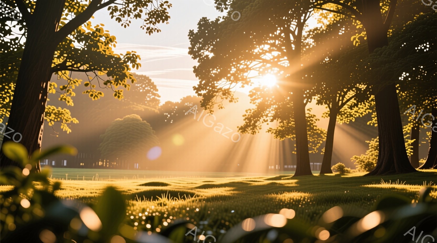 広大な緑の芝生が広がり、その奥には穏やかな湖が見える風景です。夕日の光が木々の間から差し込み、芝生を黄金色に染め上げています。光芒が印象的で、暖かく穏やかな雰囲気が漂っています。